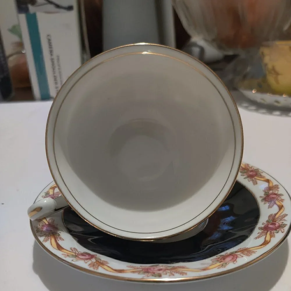Adderley Teacup Made in England, Black With Ribbon of Florals & Gold, Excellent